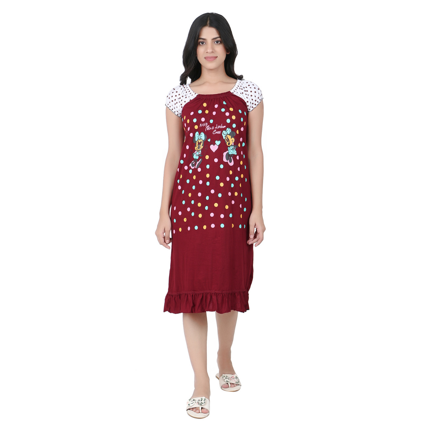 Mini Mouse Cartoon Printed Cotton Casual Short Nighty for Girls & Women – Cute & Comfortable Sleepwear (Maron)