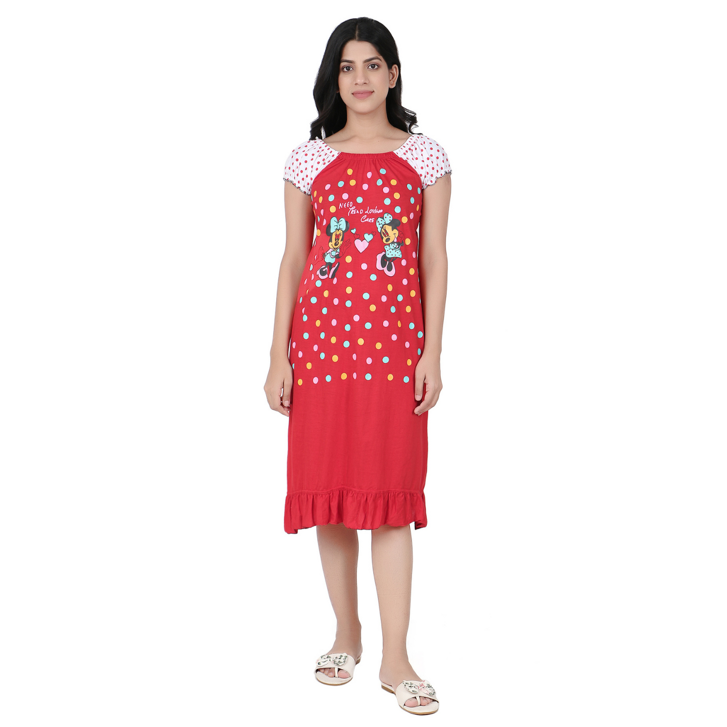 Mini Mouse Cartoon Printed Cotton Casual Short Nighty for Girls & Women – Cute & Comfortable Sleepwear (Red)