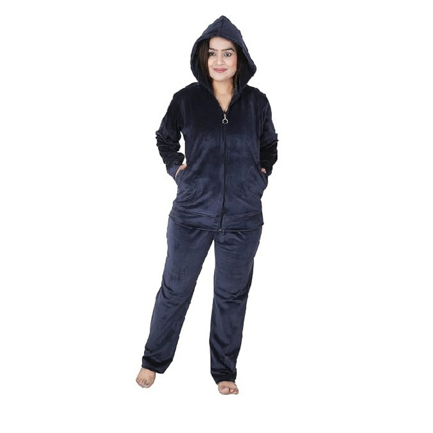 Velvet Winter Night Dress Suit – Cozy Top & Pajama Set | Warm Winter Tracksuit for Women (Navy)