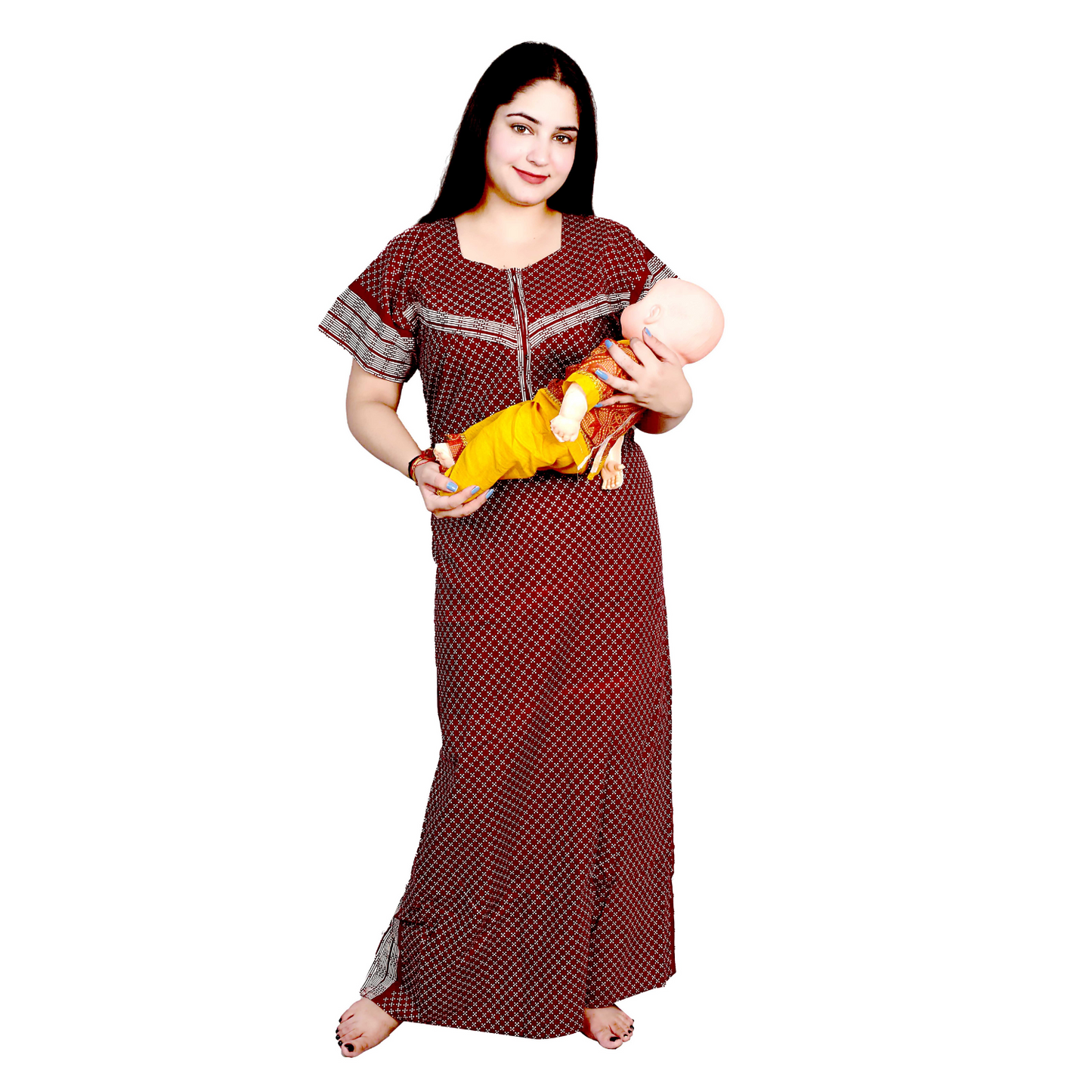 Cotton Feeding Maxi for Women, Night Dress – Comfortable & Stylish Maternity Wear (Maroon)