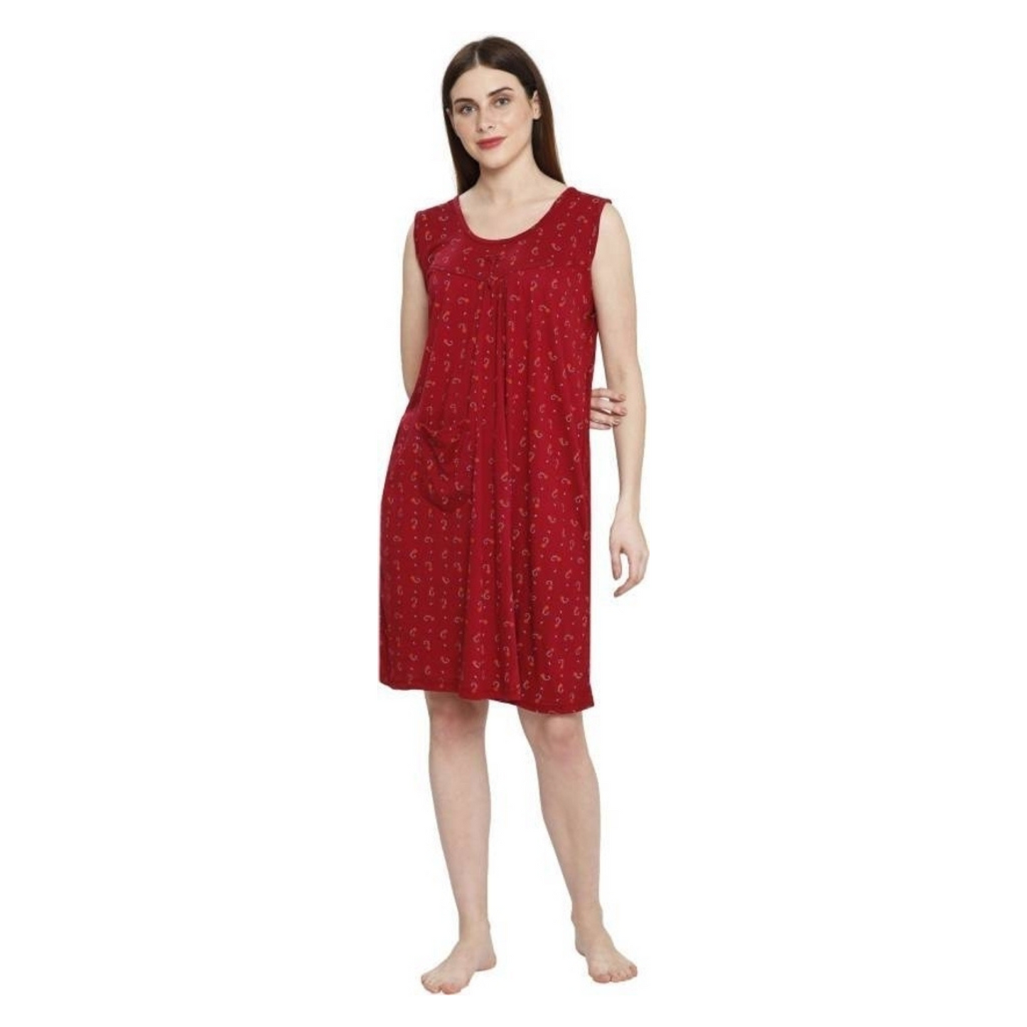 Printed Round Neck Hosiery Casual Short Nighty – Soft & Comfortable Sleepwear (Maron)