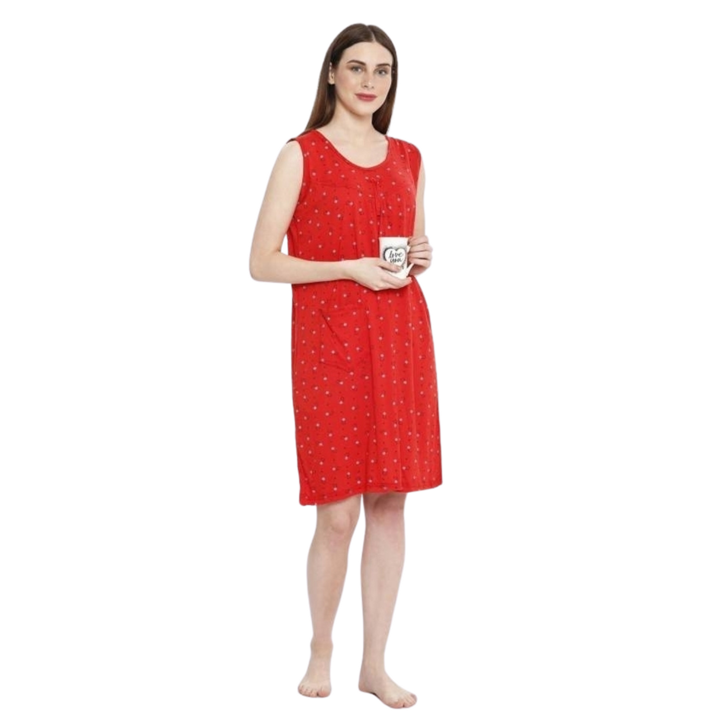 Printed Round Neck Hosiery Casual Short Nighty – Soft & Comfortable Sleepwear (Red)