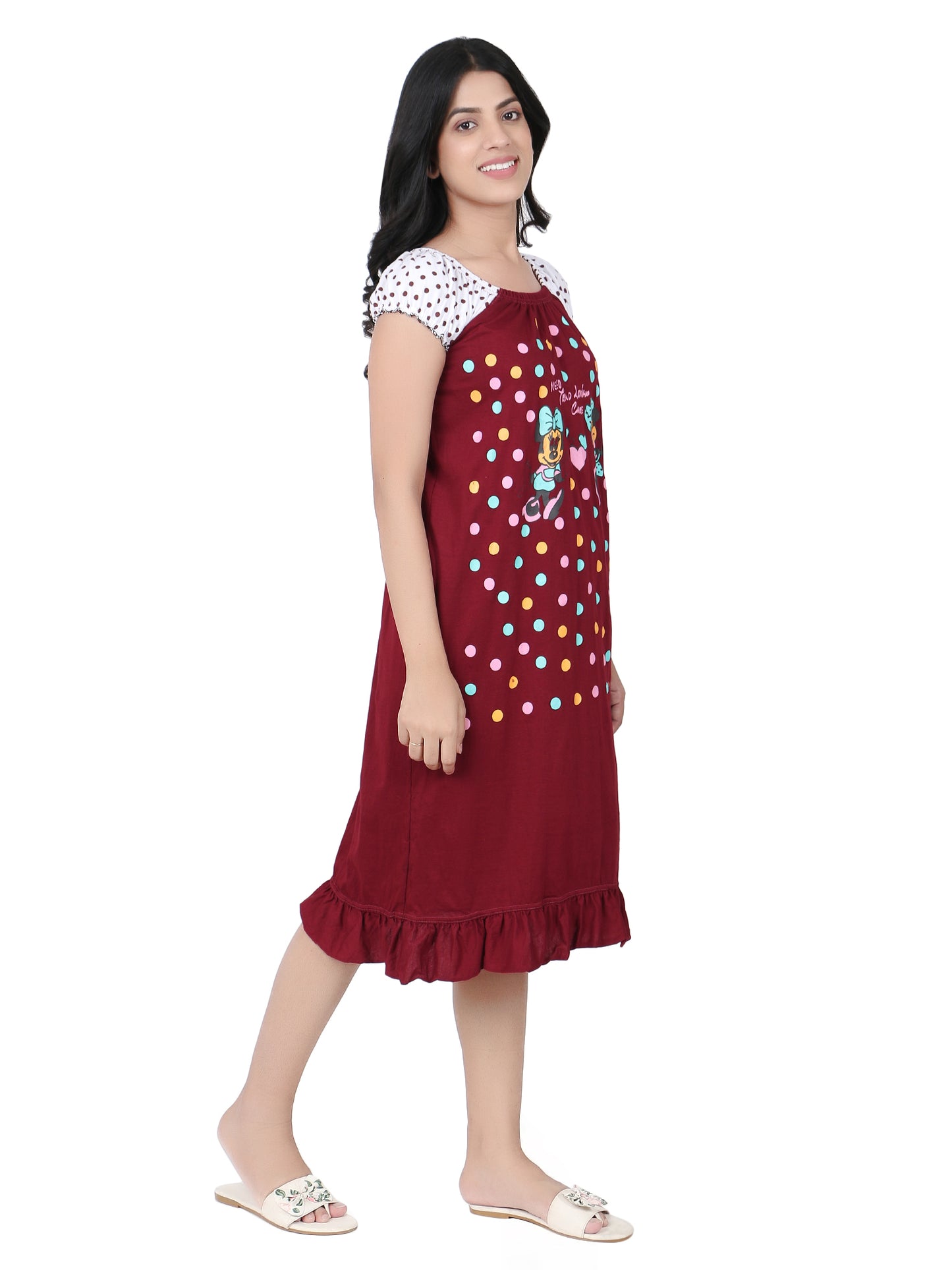Mini Mouse Cartoon Printed Cotton Casual Short Nighty for Girls & Women – Cute & Comfortable Sleepwear (Maron)