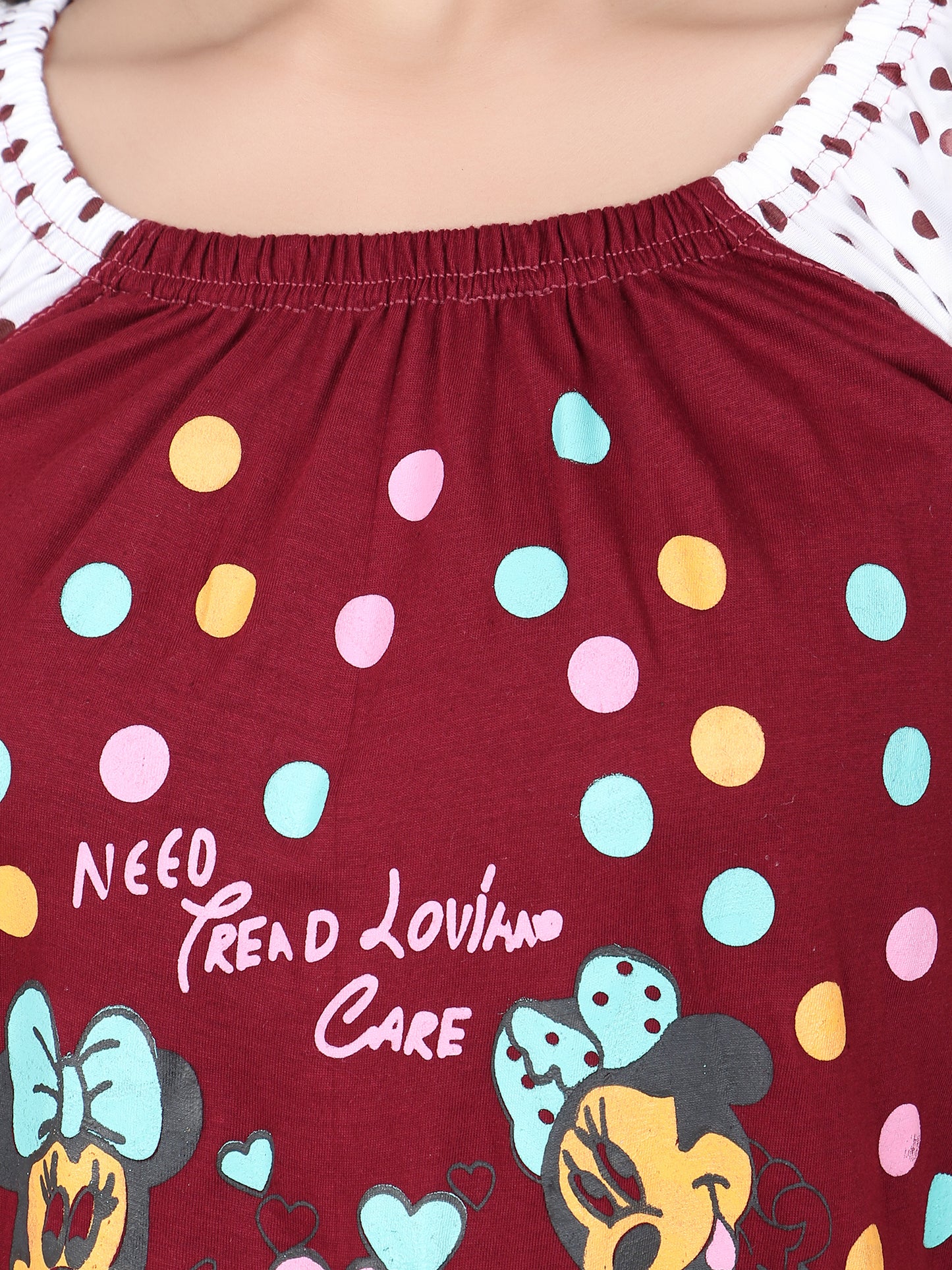 Mini Mouse Cartoon Printed Cotton Casual Short Nighty for Girls & Women – Cute & Comfortable Sleepwear (Maron)