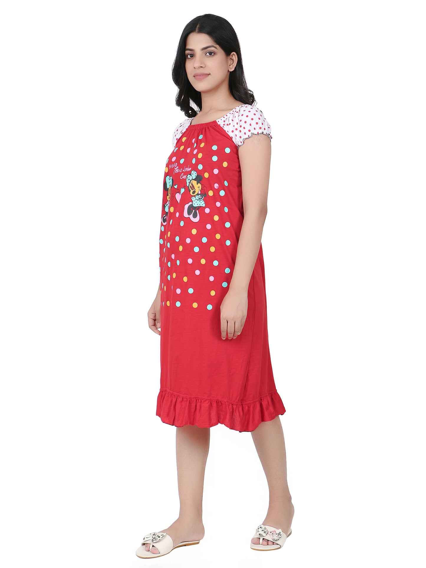 Mini Mouse Cartoon Printed Cotton Casual Short Nighty for Girls & Women – Cute & Comfortable Sleepwear (Red)