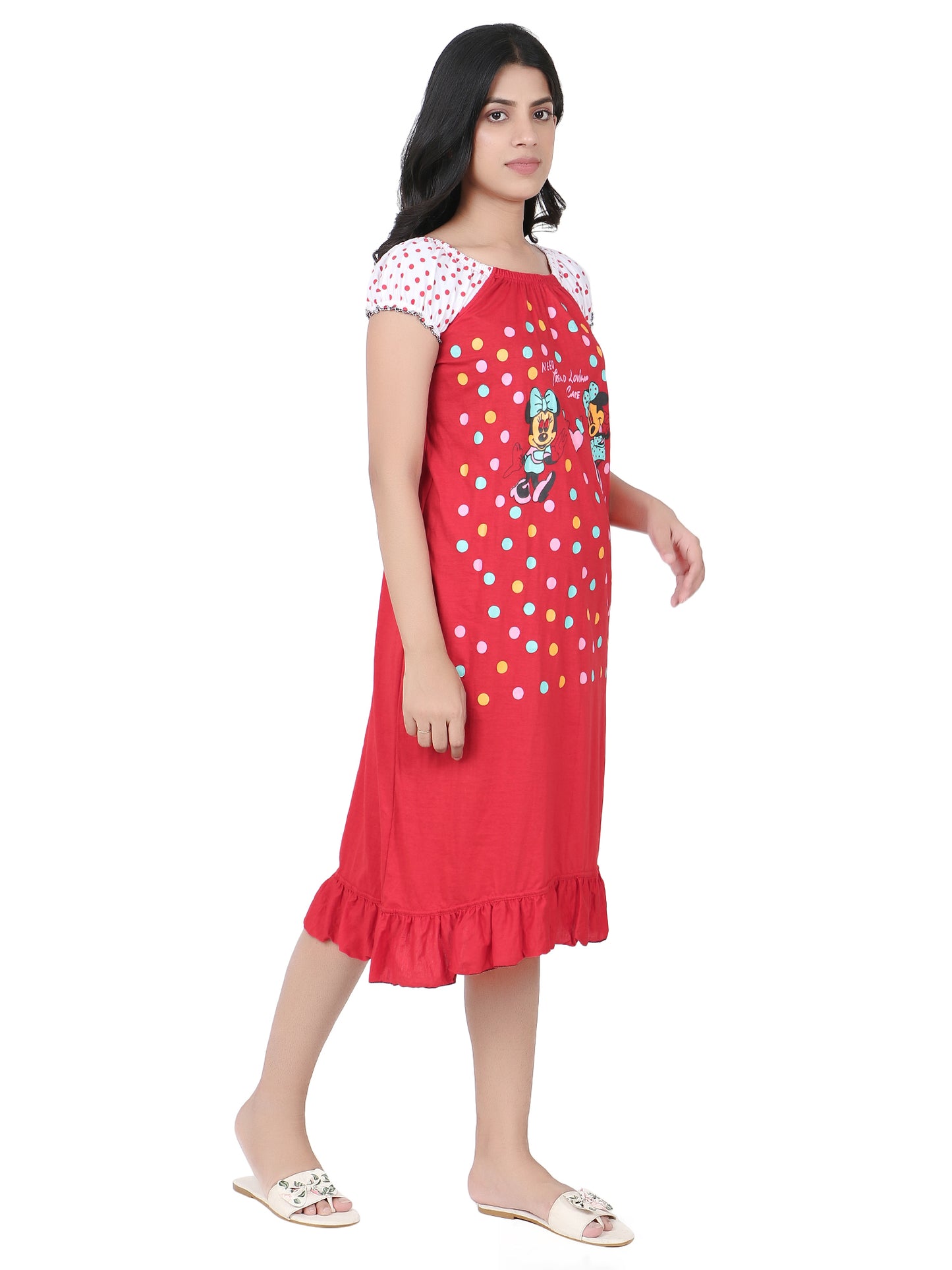 Mini Mouse Cartoon Printed Cotton Casual Short Nighty for Girls & Women – Cute & Comfortable Sleepwear (Red)