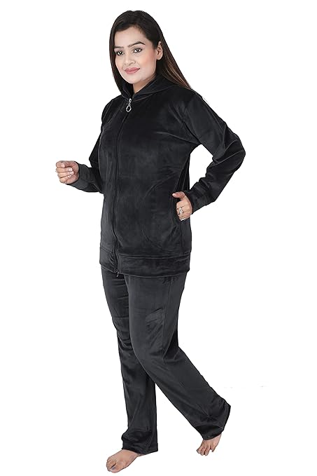 Velvet Winter Night Dress Suit – Cozy Top & Pajama Set | Warm Winter Tracksuit for Women (Black)