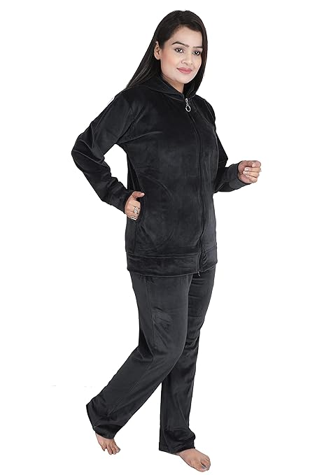 Velvet Winter Night Dress Suit – Cozy Top & Pajama Set | Warm Winter Tracksuit for Women (Black)