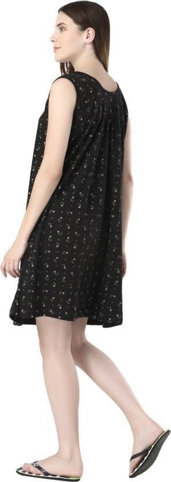 Printed Round Neck Hosiery Casual Short Nighty – Soft & Comfortable Sleepwear (Black)