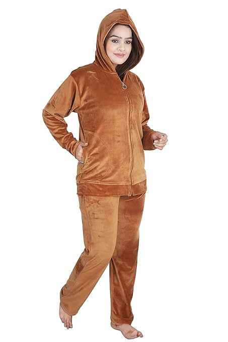 Velvet Winter Night Dress Suit – Cozy Top & Pajama Set | Warm Winter Tracksuit for Women (Brown)