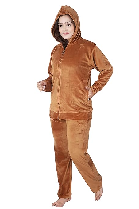 Velvet Winter Night Dress Suit – Cozy Top & Pajama Set | Warm Winter Tracksuit for Women (Brown)