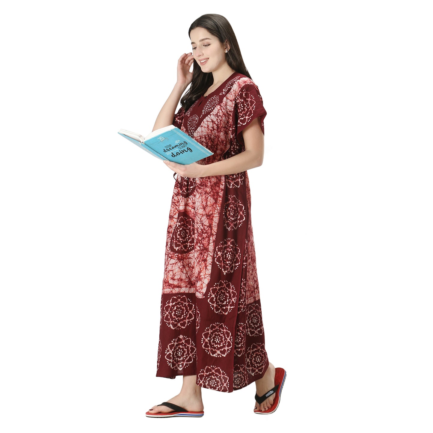 Printed Cotton Kaftan Maxi for Women – Comfortable & Stylish Lounge Wear (Light Brown)