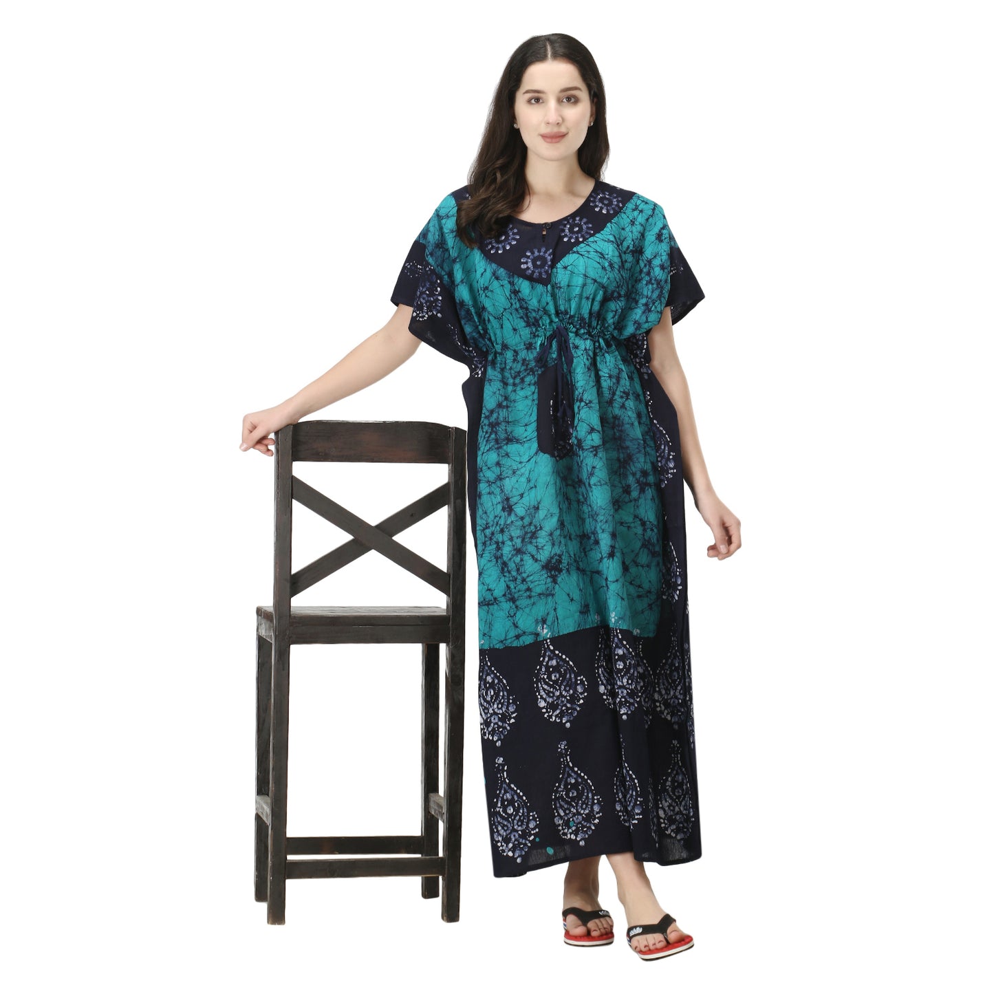 Printed Cotton Kaftan Maxi for Women – Comfortable & Stylish Lounge Wear (Sea Green)