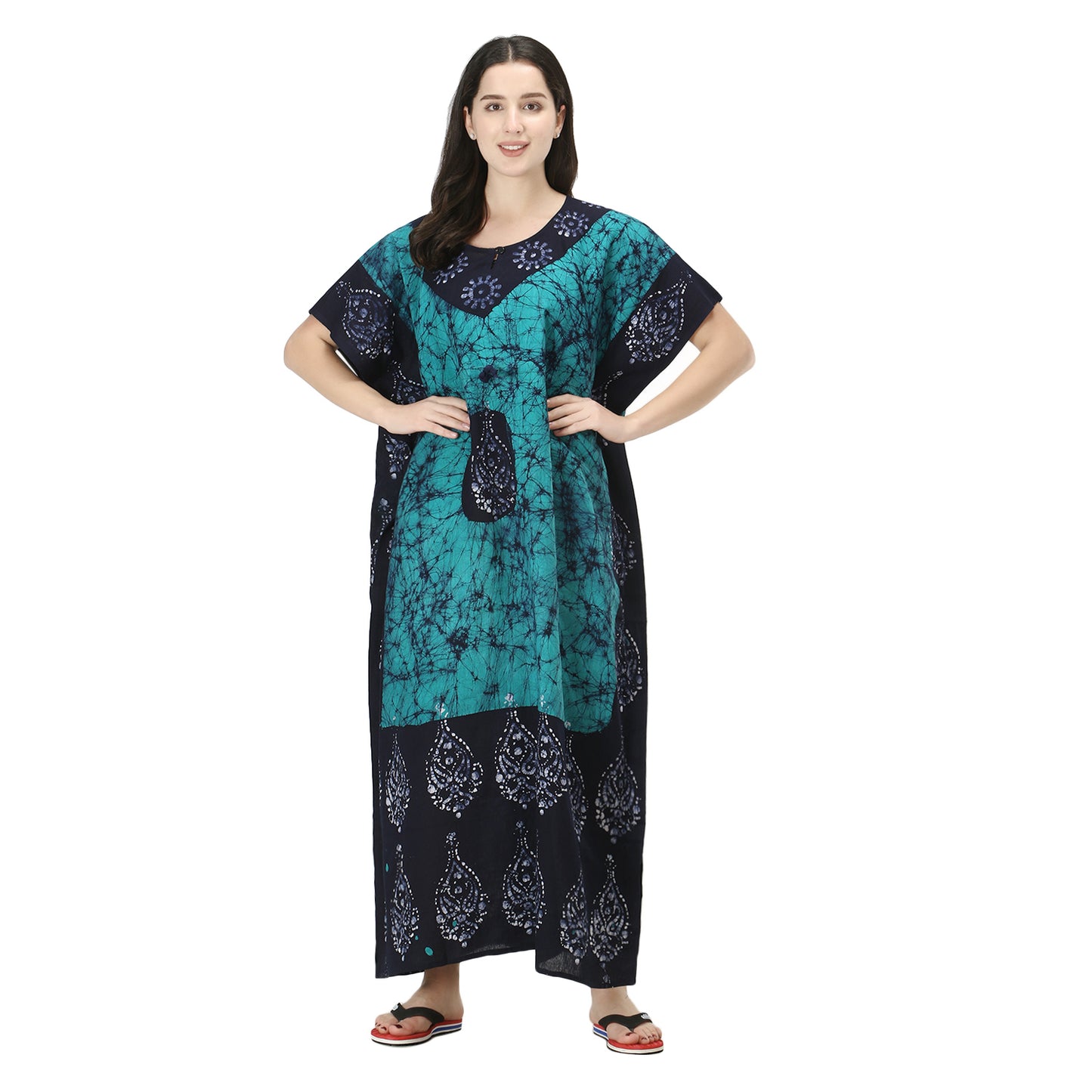 Printed Cotton Kaftan Maxi for Women – Comfortable & Stylish Lounge Wear (Sea Green)