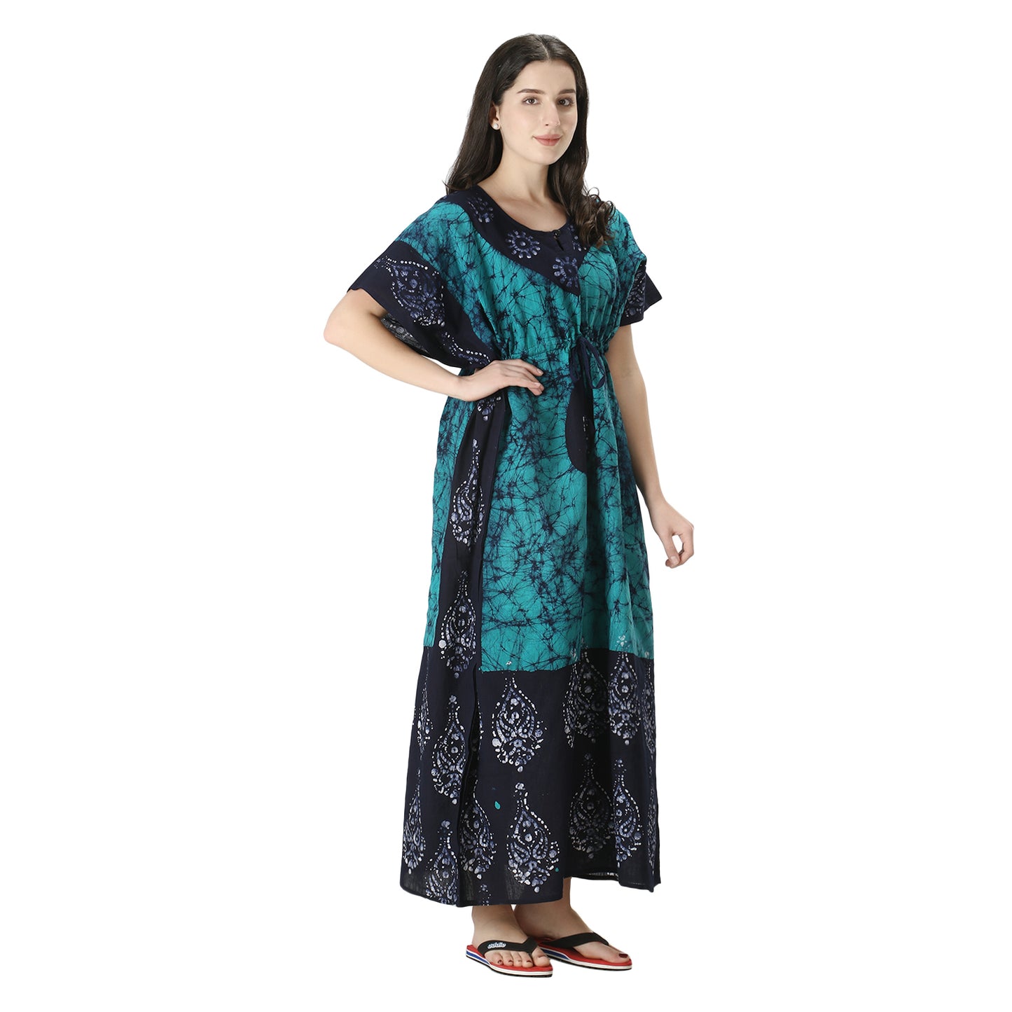 Printed Cotton Kaftan Maxi for Women – Comfortable & Stylish Lounge Wear (Sea Green)