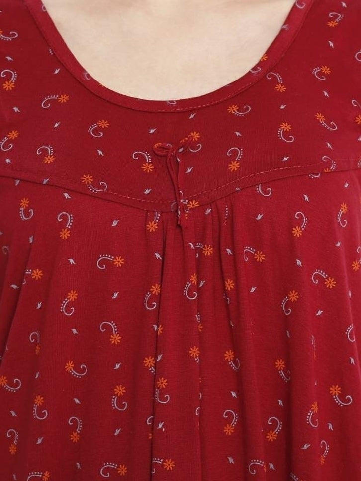 Printed Round Neck Hosiery Casual Short Nighty – Soft & Comfortable Sleepwear (Maron)