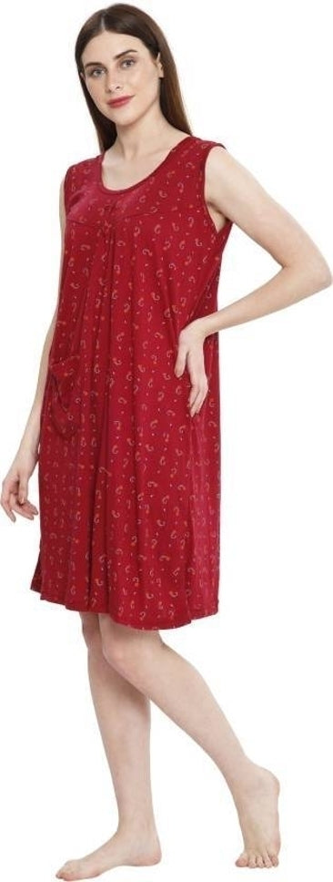 Printed Round Neck Hosiery Casual Short Nighty – Soft & Comfortable Sleepwear (Maron)