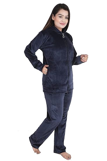 Velvet Winter Night Dress Suit – Cozy Top & Pajama Set | Warm Winter Tracksuit for Women (Navy)