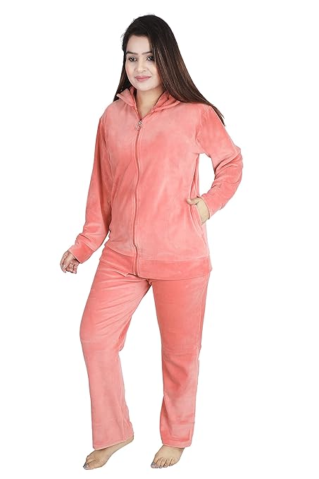 Velvet Winter Night Dress Suit – Cozy Top & Pajama Set | Warm Winter Tracksuit for Women (Peach)