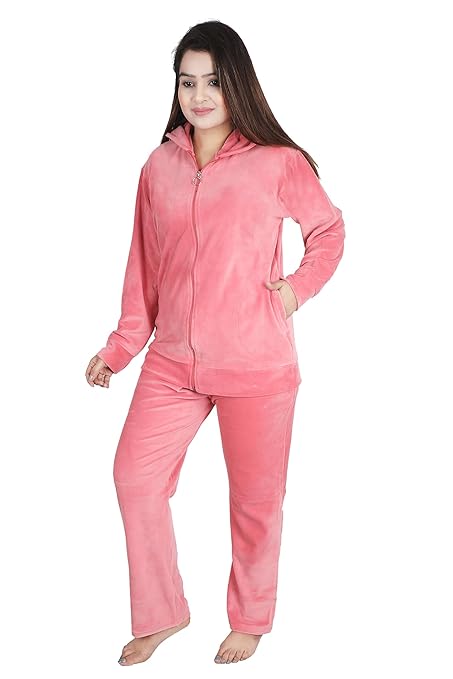 Velvet Winter Night Dress Suit – Cozy Top & Pajama Set | Warm Winter Tracksuit for Women (Pink)