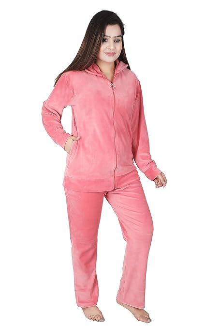 Velvet Winter Night Dress Suit – Cozy Top & Pajama Set | Warm Winter Tracksuit for Women (Pink)