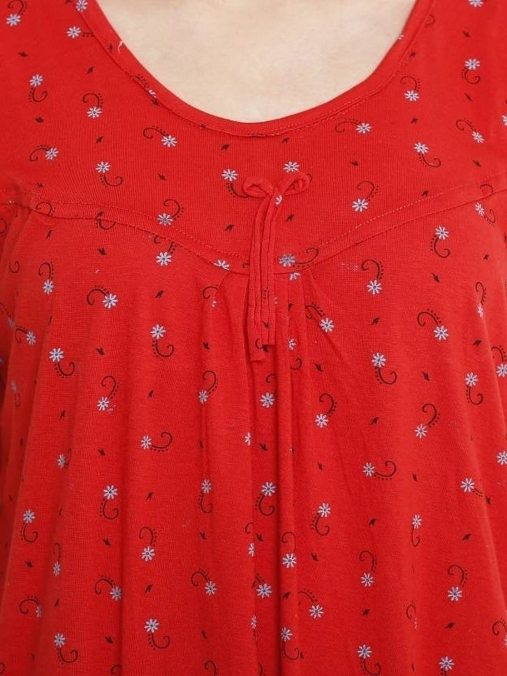 Printed Round Neck Hosiery Casual Short Nighty – Soft & Comfortable Sleepwear (Red)