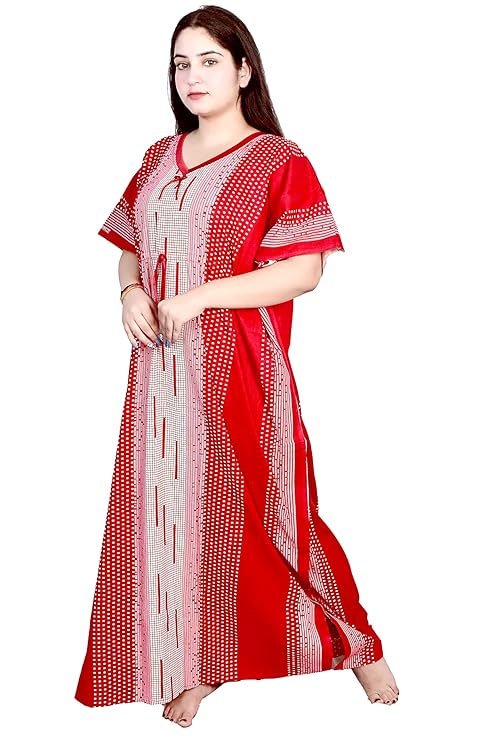 Cotton Printed Kaftan Maxi for Women – Comfortable & Stylish Lounge Wear (Red)