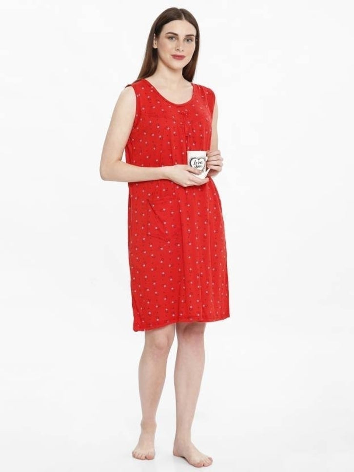 Printed Round Neck Hosiery Casual Short Nighty – Soft & Comfortable Sleepwear (Red)