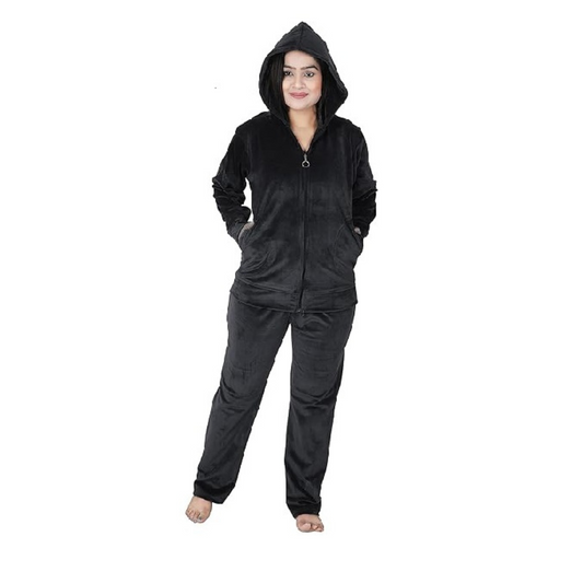 Velvet Winter Night Dress Suit – Cozy Top & Pajama Set | Warm Winter Tracksuit for Women (Black)