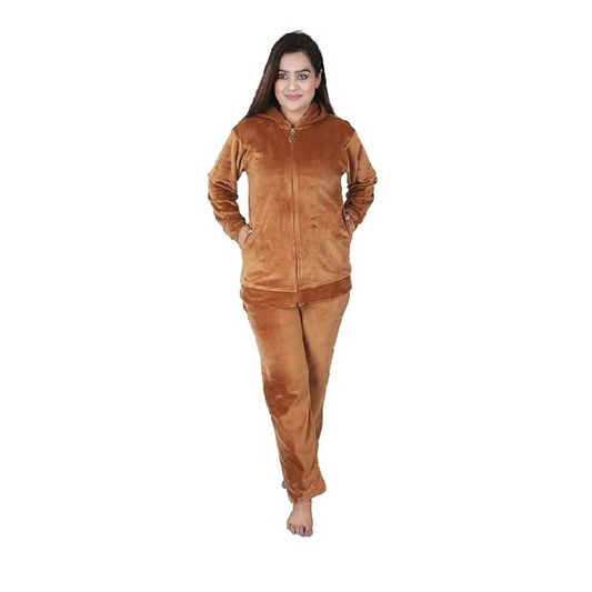 Velvet Winter Night Dress Suit – Cozy Top & Pajama Set | Warm Winter Tracksuit for Women (Brown)