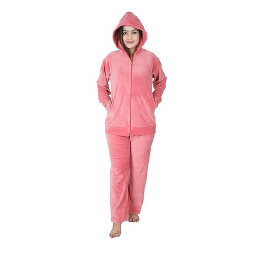 Velvet Winter Night Dress Suit – Cozy Top & Pajama Set | Warm Winter Tracksuit for Women (Peach)