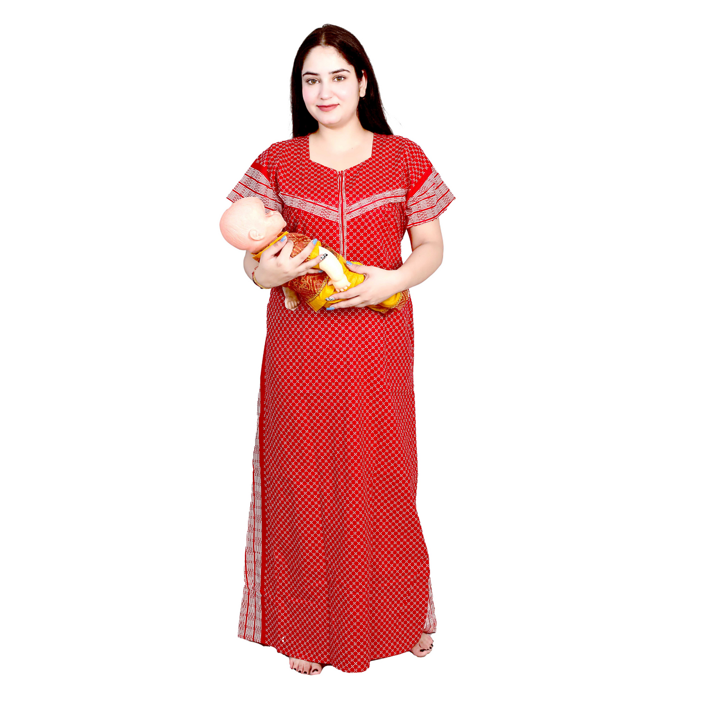 Cotton Feeding Maxi for Women, Night Dress – Comfortable & Stylish Maternity Wear (Red)