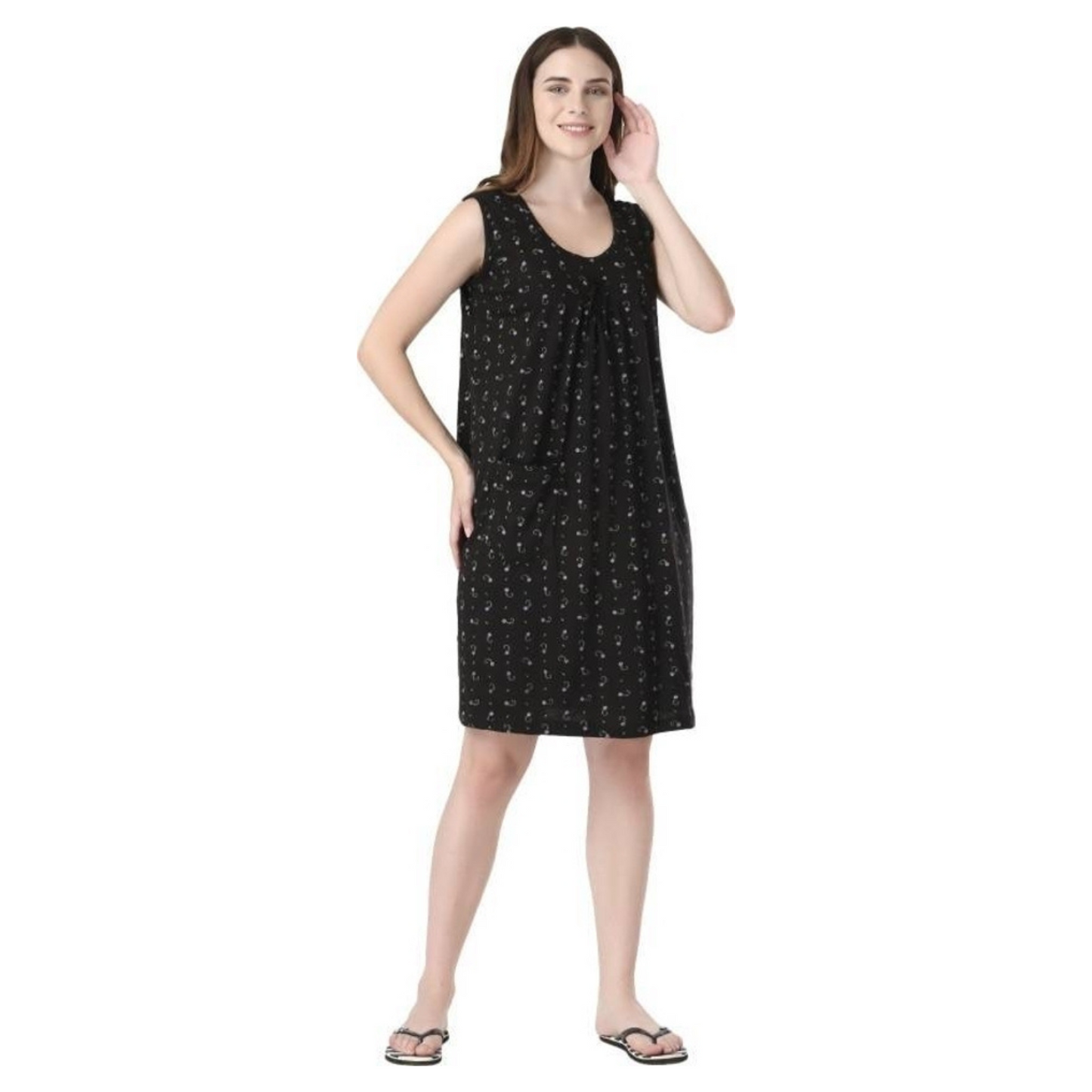 Printed Round Neck Hosiery Casual Short Nighty – Soft & Comfortable Sleepwear (Black)