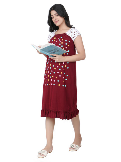 Mini Mouse Cartoon Printed Cotton Casual Short Nighty for Girls & Women – Cute & Comfortable Sleepwear (Maron)