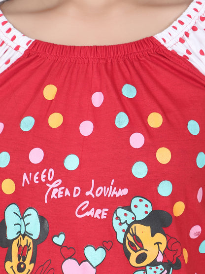 Mini Mouse Cartoon Printed Cotton Casual Short Nighty for Girls & Women – Cute & Comfortable Sleepwear (Red)