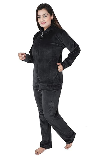 Velvet Winter Night Dress Suit – Cozy Top & Pajama Set | Warm Winter Tracksuit for Women (Black)