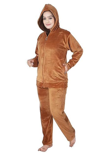 Velvet Winter Night Dress Suit – Cozy Top & Pajama Set | Warm Winter Tracksuit for Women (Brown)