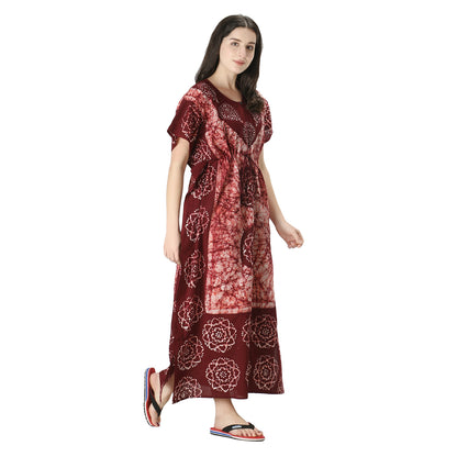 Printed Cotton Kaftan Maxi for Women – Comfortable & Stylish Lounge Wear (Light Brown)