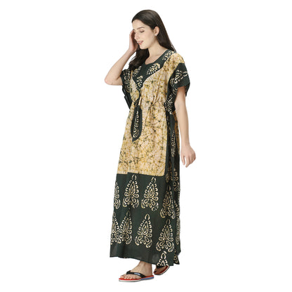 Printed Cotton Kaftan Maxi for Women – Comfortable & Stylish Lounge Wear (Mehndi Green)